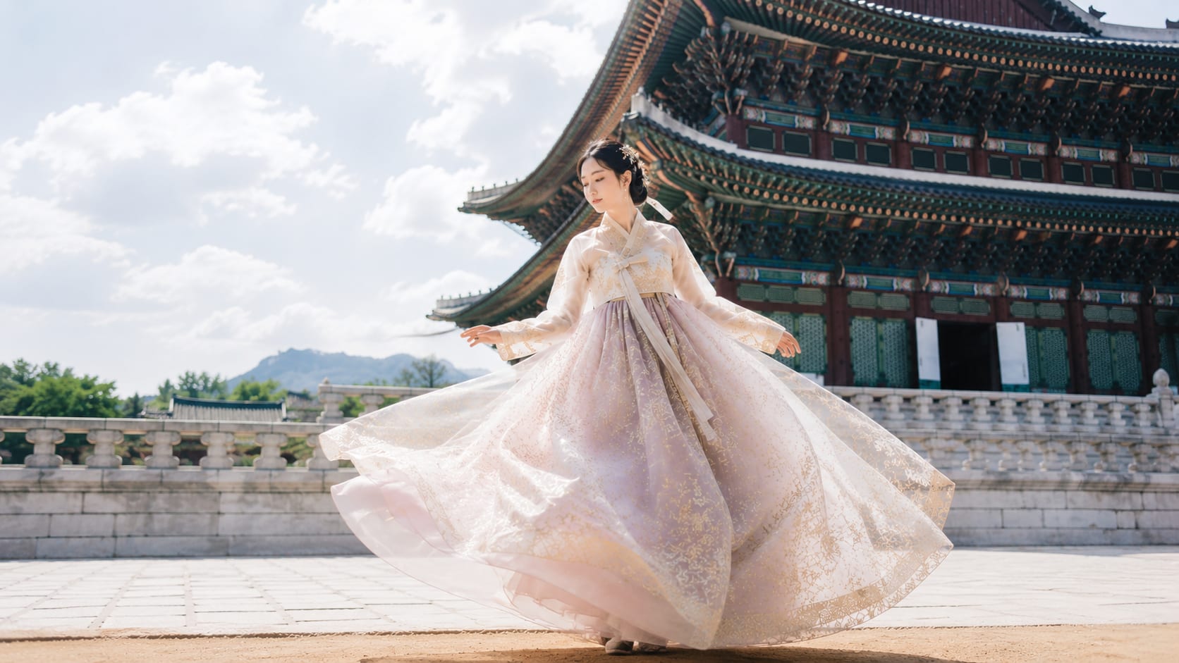 Korea tour catalogue cover — hanbok dancer at Gyeongbokgung Palace